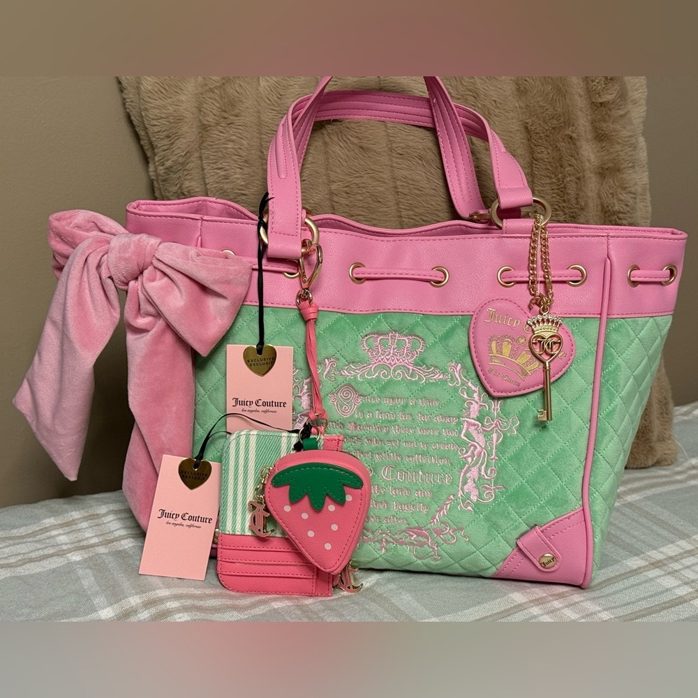 Juicy Couture Pink and Green Tote with Strawberry Charm